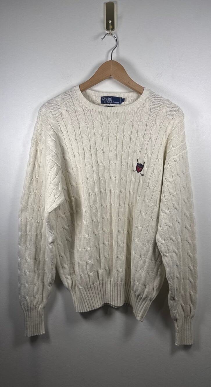 Polo by Ralph Lauren VINTAGE Crest Cotton Knit Sweater in Cream, Large